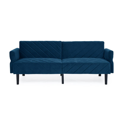 Divano letto futon trasformabile in velluto blu trapuntato