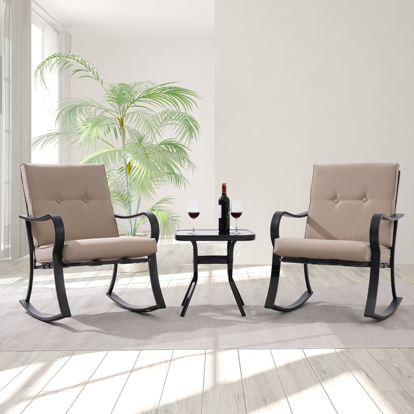 Set da bistrot per patio con sedia a dondolo da esterno Bonosuki da 3 pezzi con tavolino laterale