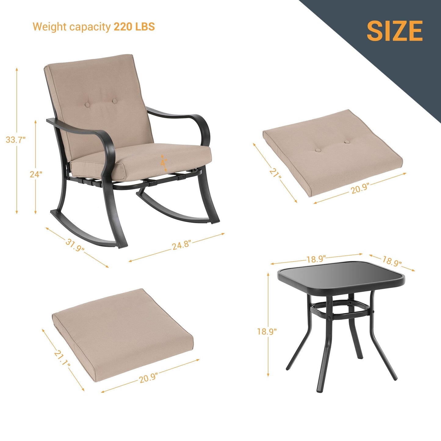 Set da bistrot per patio con sedia a dondolo da esterno Bonosuki da 3 pezzi con tavolino laterale
