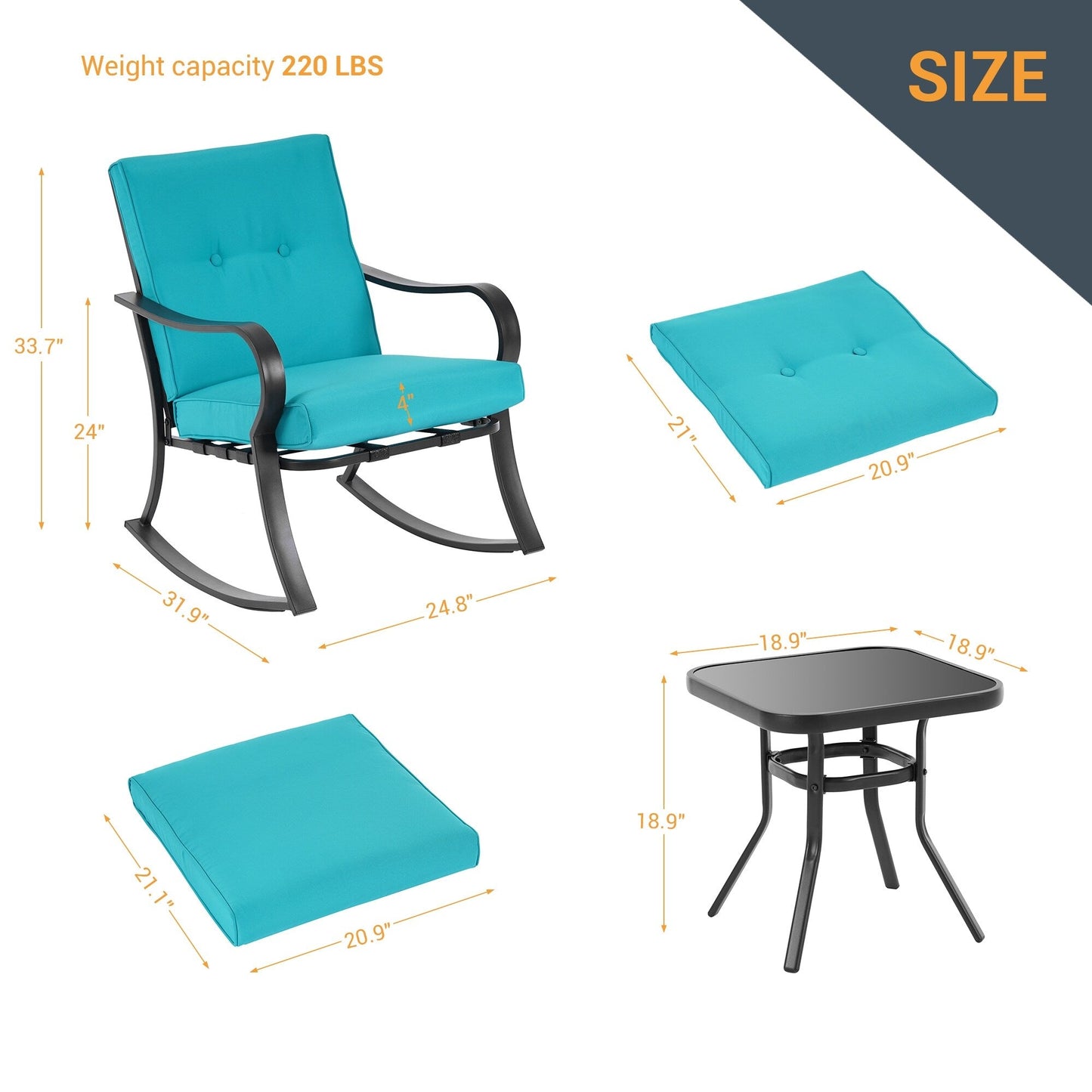 Set da bistrot per patio con sedia a dondolo da esterno Bonosuki da 3 pezzi con tavolino laterale