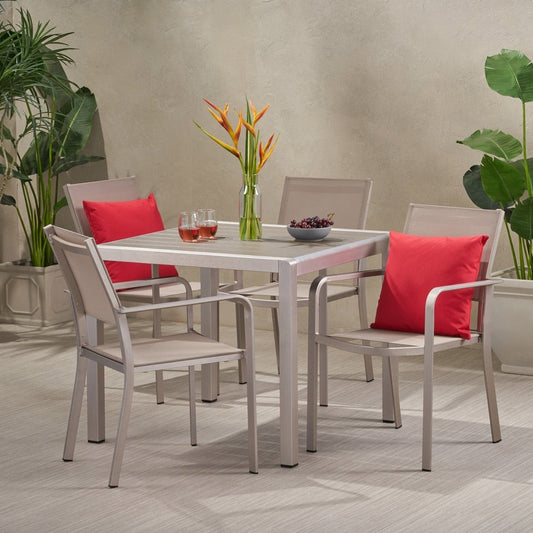 Boris Outdoor Modern, set da pranzo in alluminio da 4 posti con piano in finto legno di Christopher Knight Home