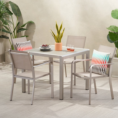 Boris Outdoor Modern, set da pranzo in alluminio da 4 posti con piano in finto legno di Christopher Knight Home