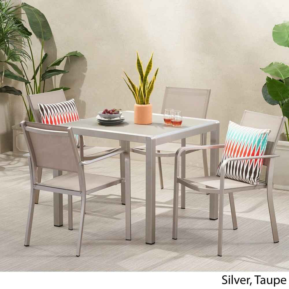 Boris Outdoor Modern, set da pranzo in alluminio da 4 posti con piano in finto legno di Christopher Knight Home