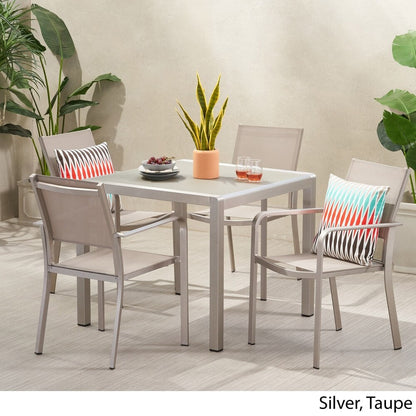 Boris Outdoor Modern, set da pranzo in alluminio da 4 posti con piano in finto legno di Christopher Knight Home