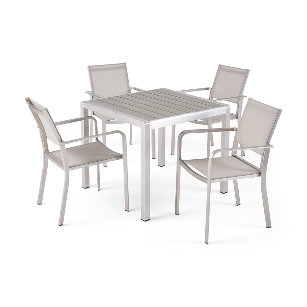 Boris Outdoor Modern, set da pranzo in alluminio da 4 posti con piano in finto legno di Christopher Knight Home