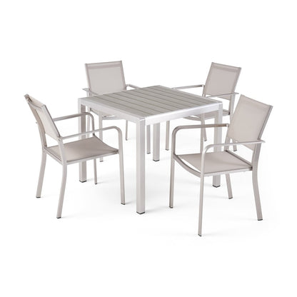 Boris Outdoor Modern, set da pranzo in alluminio da 4 posti con piano in finto legno di Christopher Knight Home
