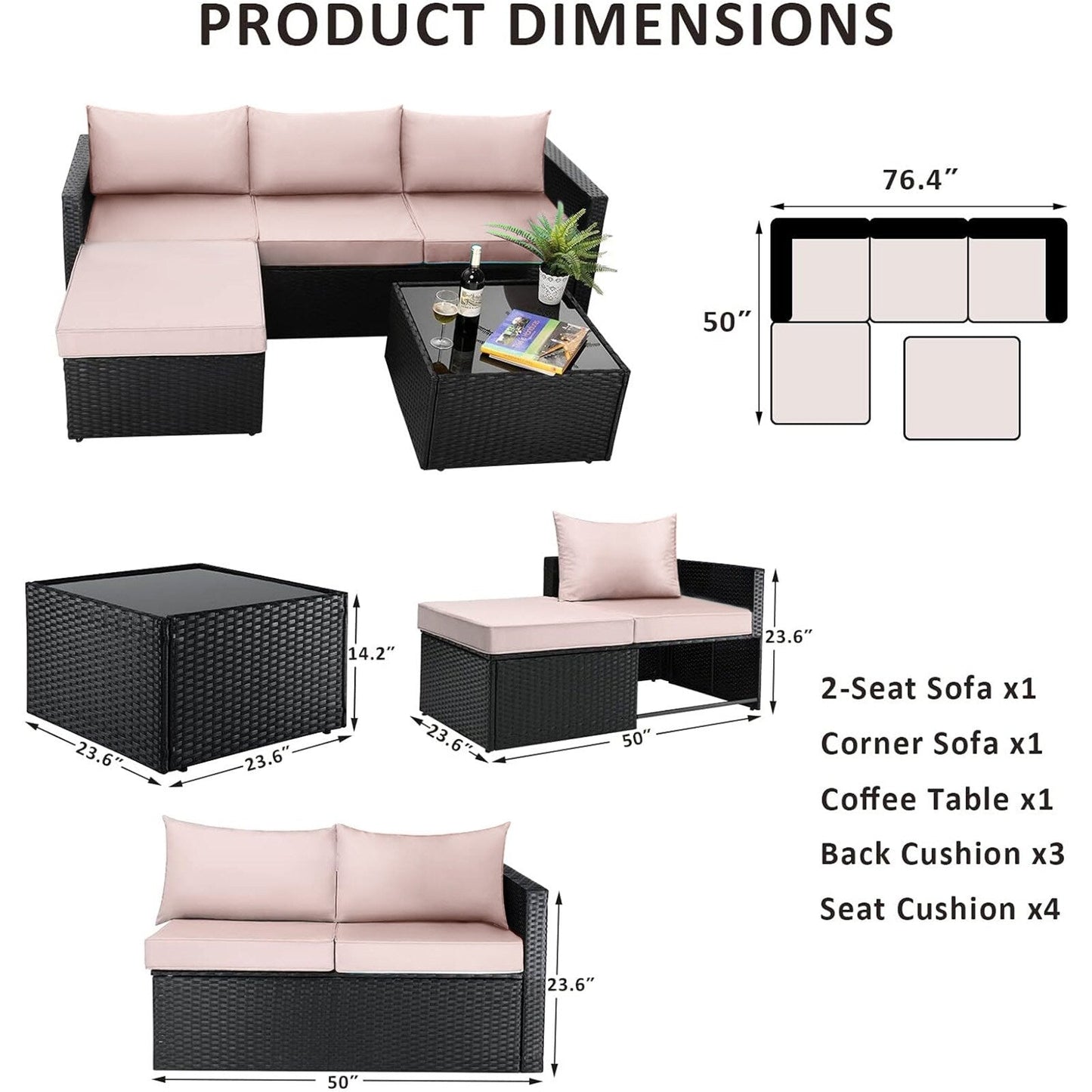 Set di mobili da esterno Bossin da 5 pezzi, divano da patio, set da conversazione in vimini per esterni e interni con tavolo