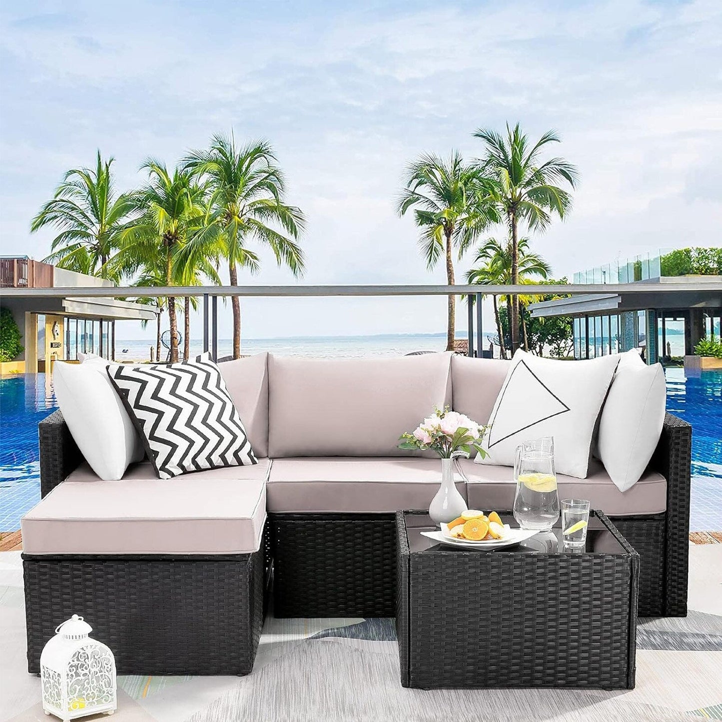 Set di mobili da esterno Bossin da 5 pezzi, divano da patio, set da conversazione in vimini per esterni e interni con tavolo