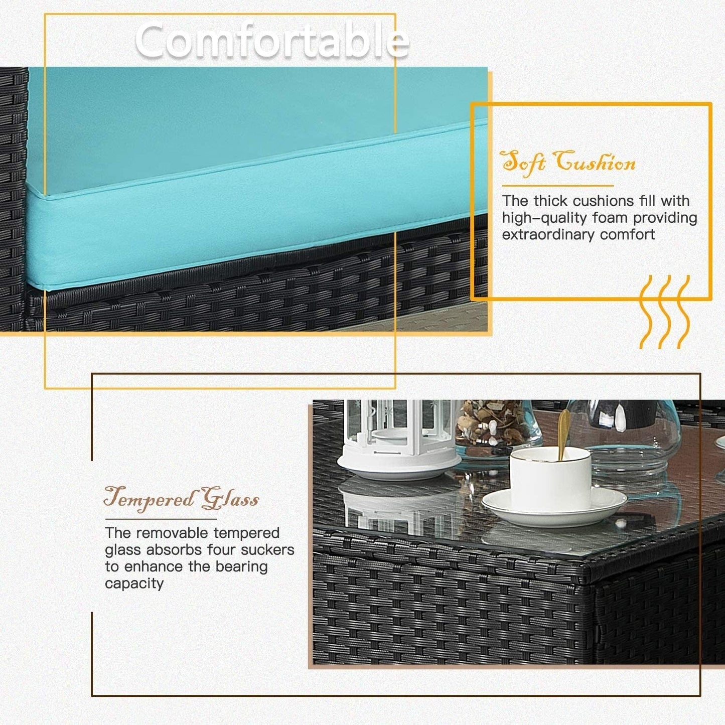 Set di mobili da giardino Bossin da 7 pezzi, divano componibile per esterni, divano in vimini rattan con cuscini lavabili e tavolo in vetro