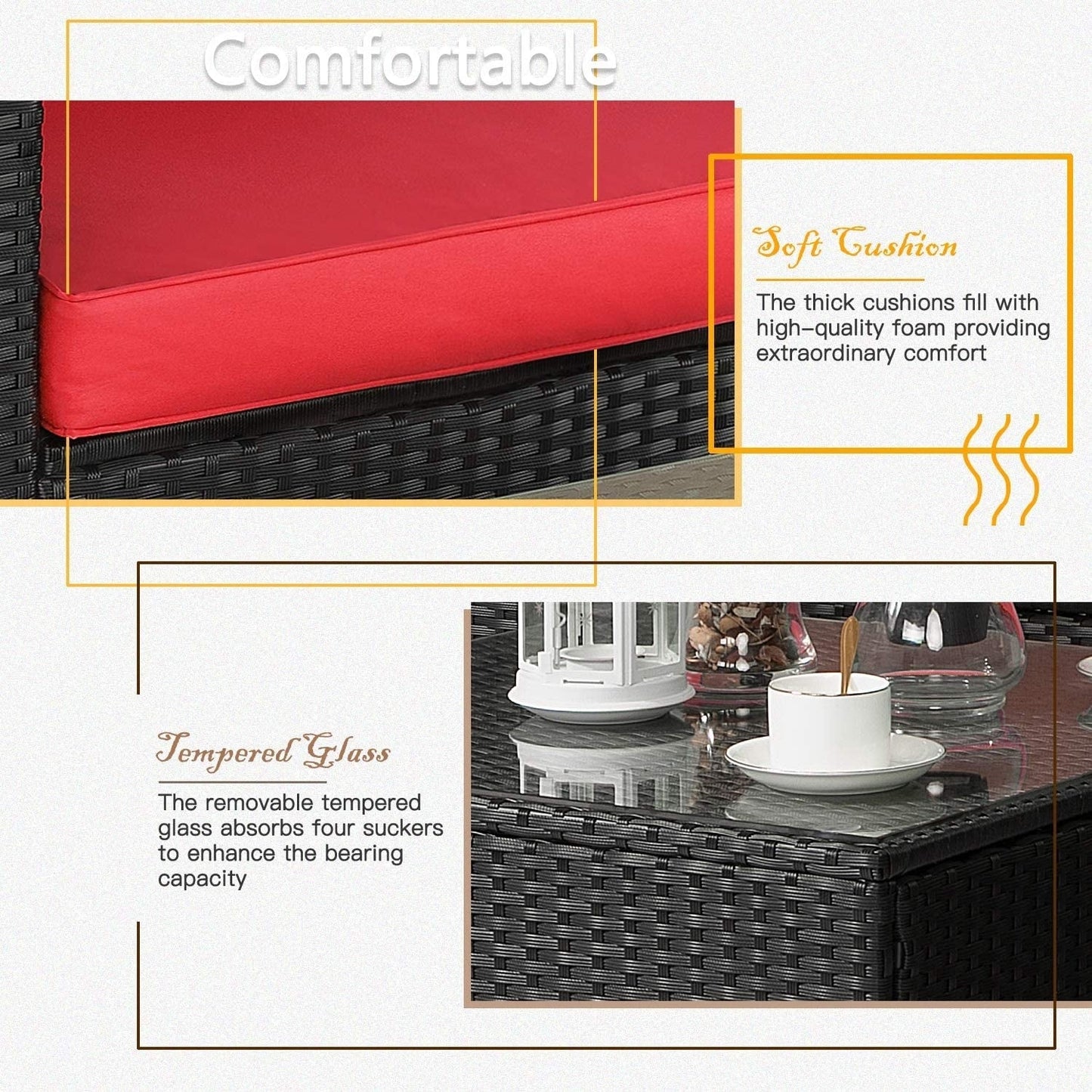 Set di mobili da giardino Bossin da 7 pezzi, divano componibile per esterni, divano in vimini rattan con cuscini lavabili e tavolo in vetro