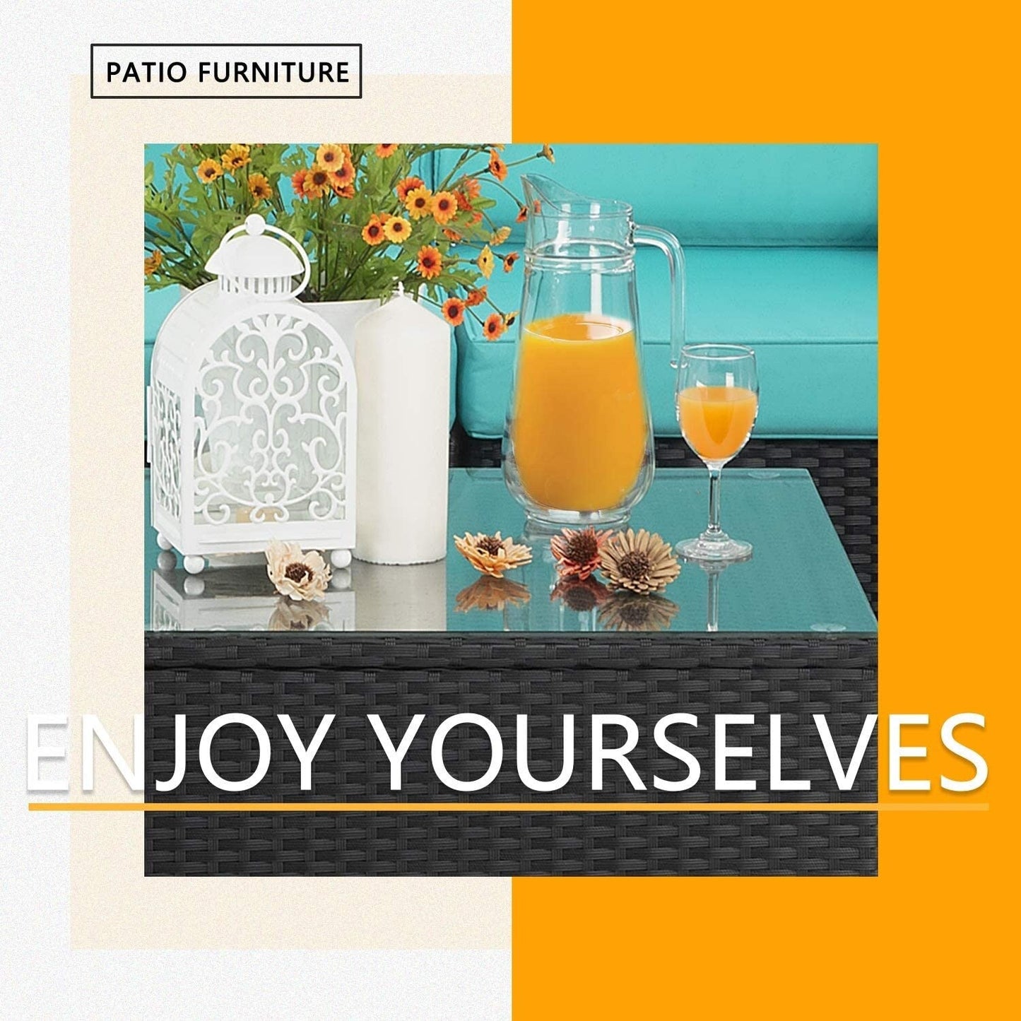 Set di mobili da giardino Bossin da 7 pezzi, divano componibile per esterni, divano in vimini rattan con cuscini lavabili e tavolo in vetro