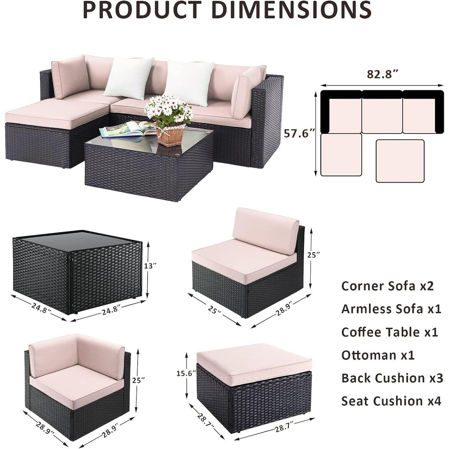 Set di mobili da giardino Bossin da 7 pezzi, divano componibile per esterni, divano in vimini rattan con cuscini lavabili e tavolo in vetro