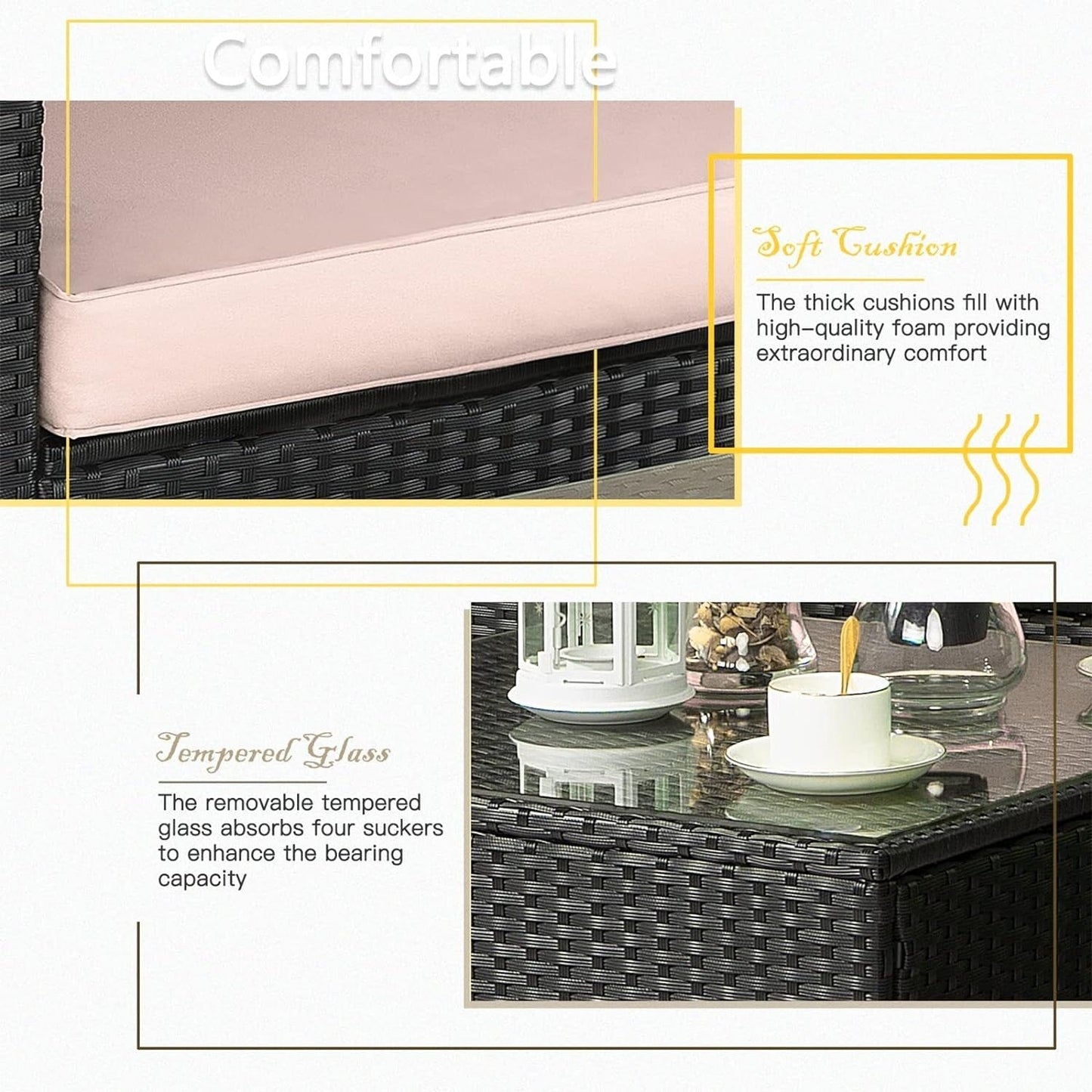 Set di mobili da giardino Bossin da 7 pezzi, divano componibile per esterni, divano in vimini rattan con cuscini lavabili e tavolo in vetro