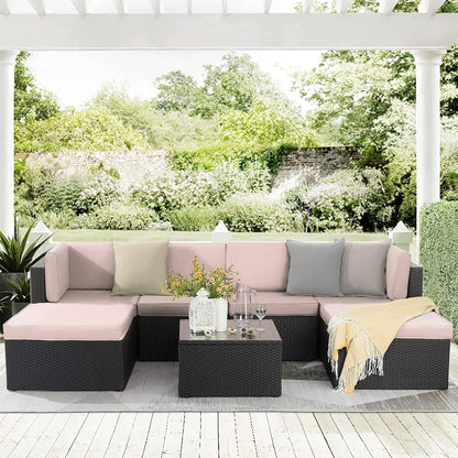 Set di mobili da giardino Bossin da 7 pezzi, divano componibile per esterni, divano in vimini rattan con cuscini lavabili e tavolo in vetro