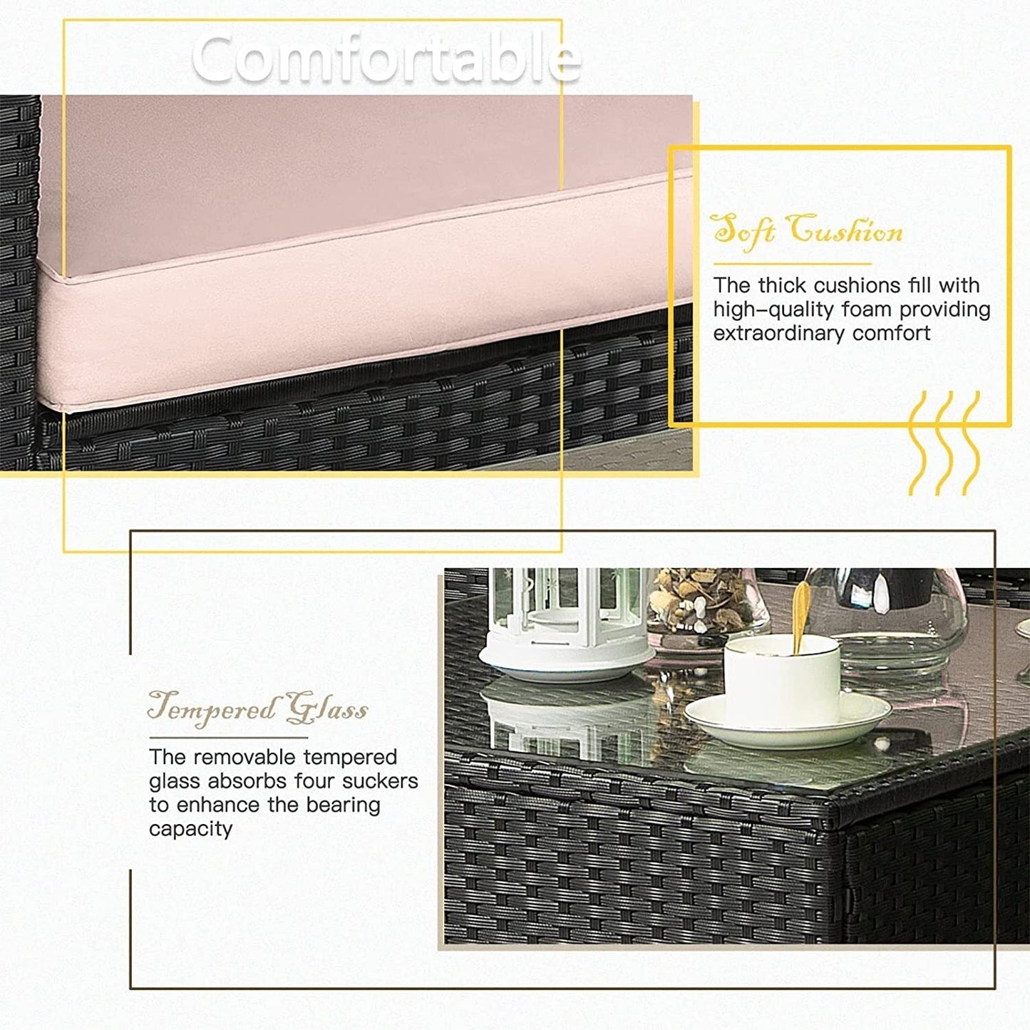 Set di mobili da giardino Bossin da 7 pezzi, divano componibile per esterni, divano in vimini rattan con cuscini lavabili e tavolo in vetro