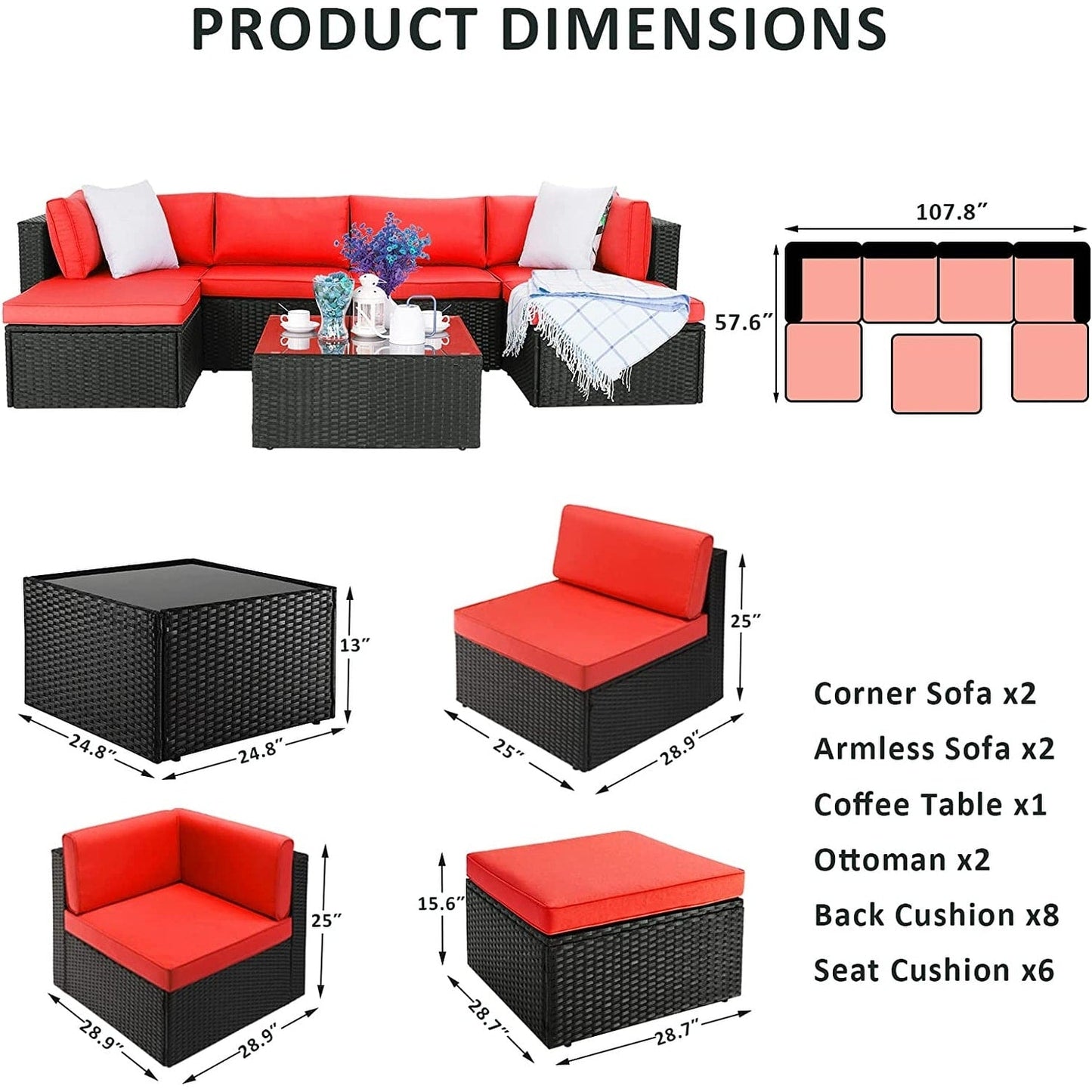 Set di mobili da giardino Bossin da 7 pezzi, divano componibile per esterni, divano in vimini rattan con cuscini lavabili e tavolo in vetro