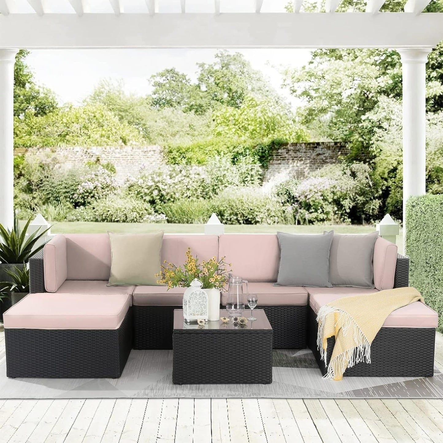 Set di mobili da giardino Bossin da 7 pezzi, divano componibile per esterni, divano in vimini rattan con cuscini lavabili e tavolo in vetro