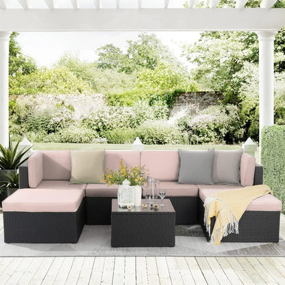 Set di mobili da giardino Bossin da 7 pezzi, divano componibile per esterni, divano in vimini rattan con cuscini lavabili e tavolo in vetro