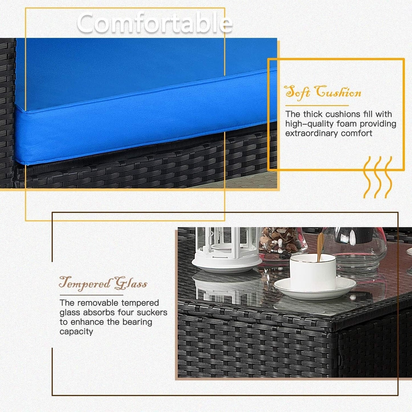 Set di mobili da giardino Bossin da 7 pezzi, divano componibile per esterni, divano in vimini rattan con cuscini lavabili e tavolo in vetro