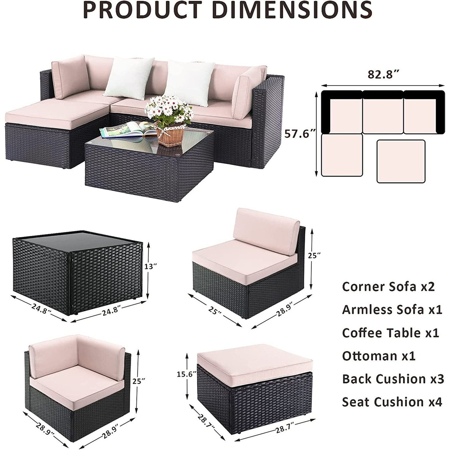 Set di mobili da giardino Bossin da 7 pezzi, divano componibile per esterni, divano in vimini rattan con cuscini lavabili e tavolo in vetro