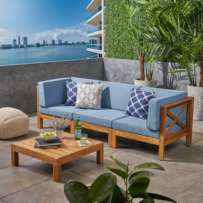 Set di divani componibili da esterno Brava a 3 posti in legno di acacia con tavolino e cuscini di Christopher Knight Home
