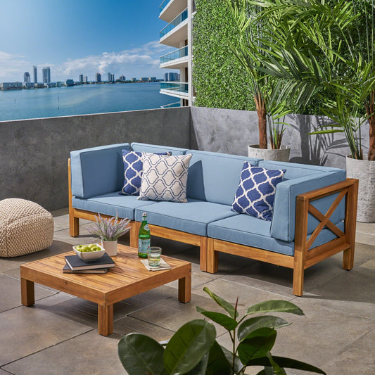 Set di divani componibili da esterno Brava a 3 posti in legno di acacia con tavolino e cuscini di Christopher Knight Home