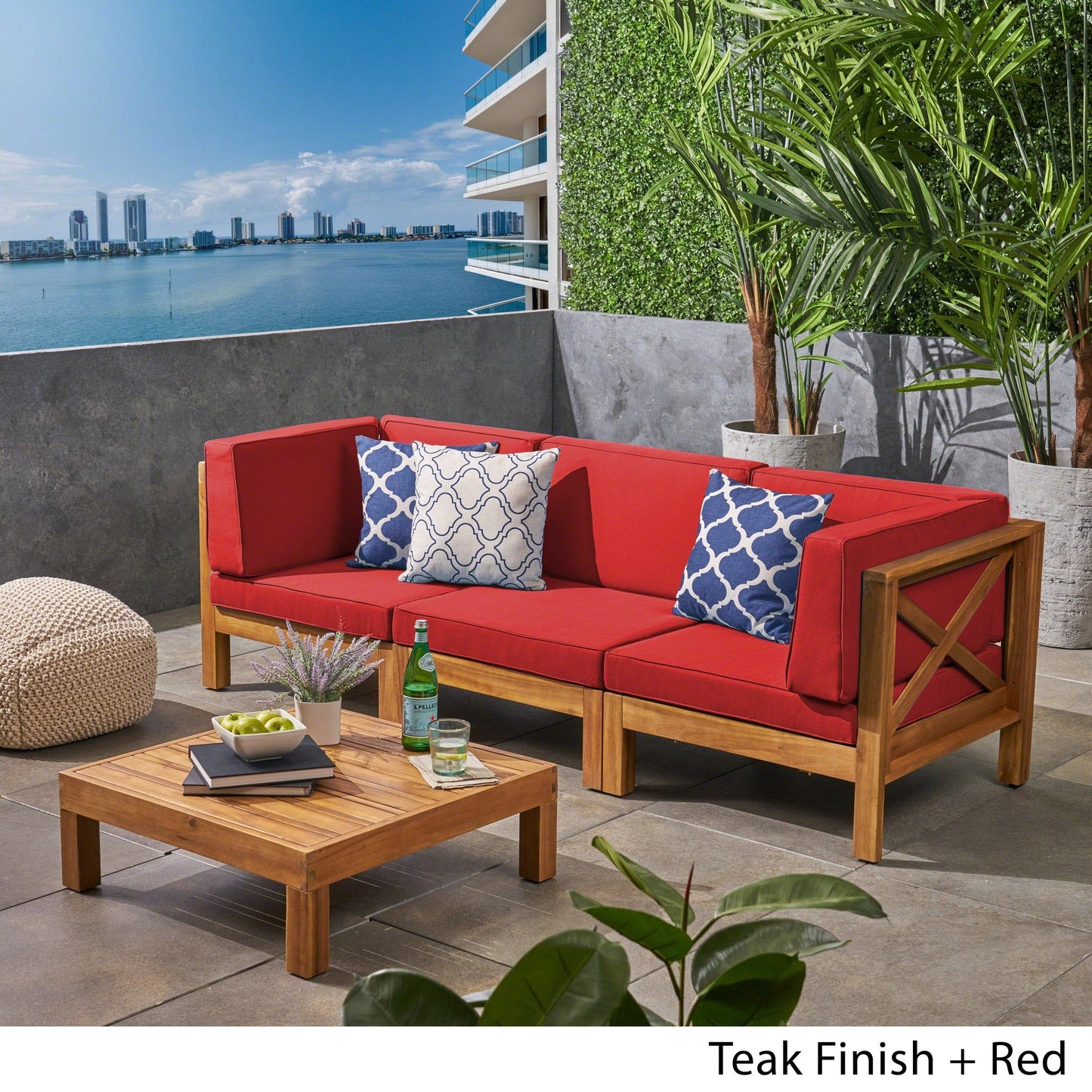 Set di divani componibili da esterno Brava a 3 posti in legno di acacia con tavolino e cuscini di Christopher Knight Home