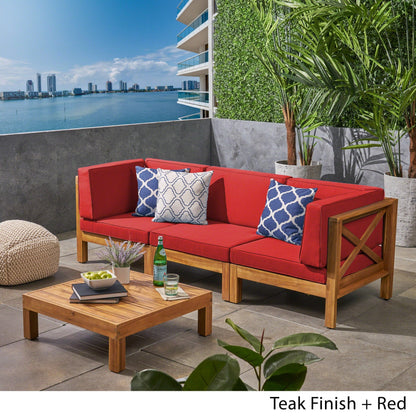 Set di divani componibili da esterno Brava a 3 posti in legno di acacia con tavolino e cuscini di Christopher Knight Home