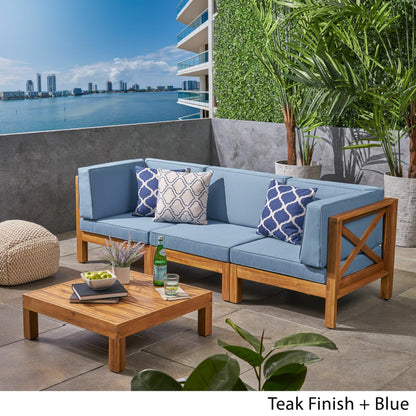 Set di divani componibili da esterno Brava a 3 posti in legno di acacia con tavolino e cuscini di Christopher Knight Home