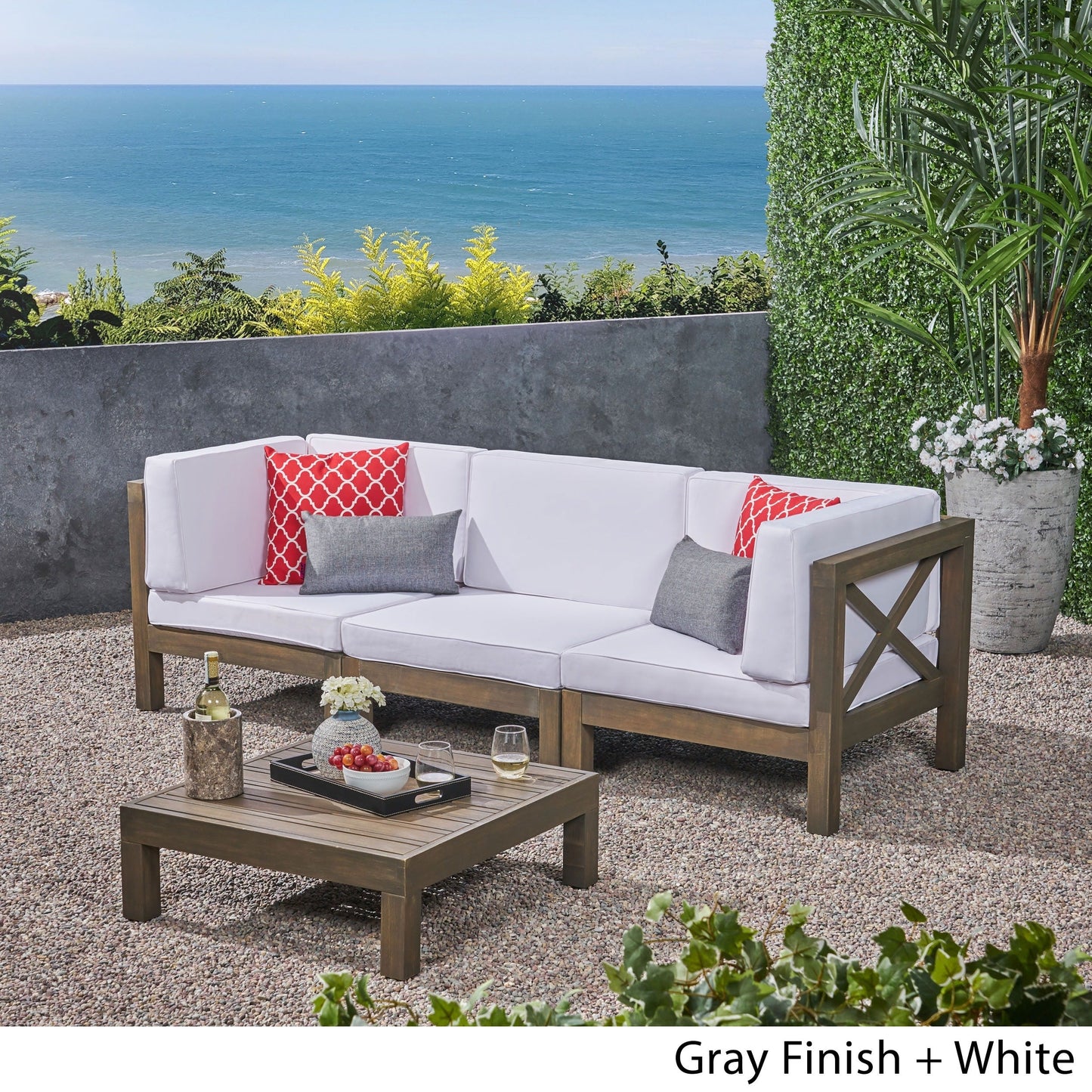 Set di divani componibili da esterno Brava a 3 posti in legno di acacia con tavolino e cuscini di Christopher Knight Home