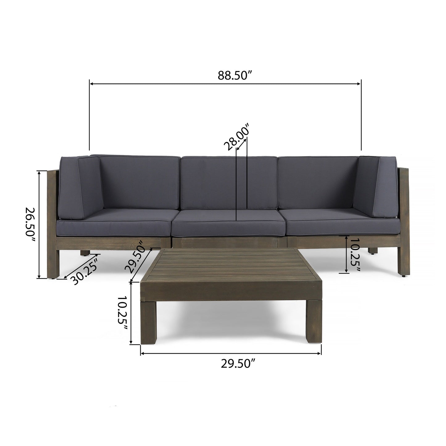 Set di divani componibili da esterno Brava a 3 posti in legno di acacia con tavolino e cuscini di Christopher Knight Home