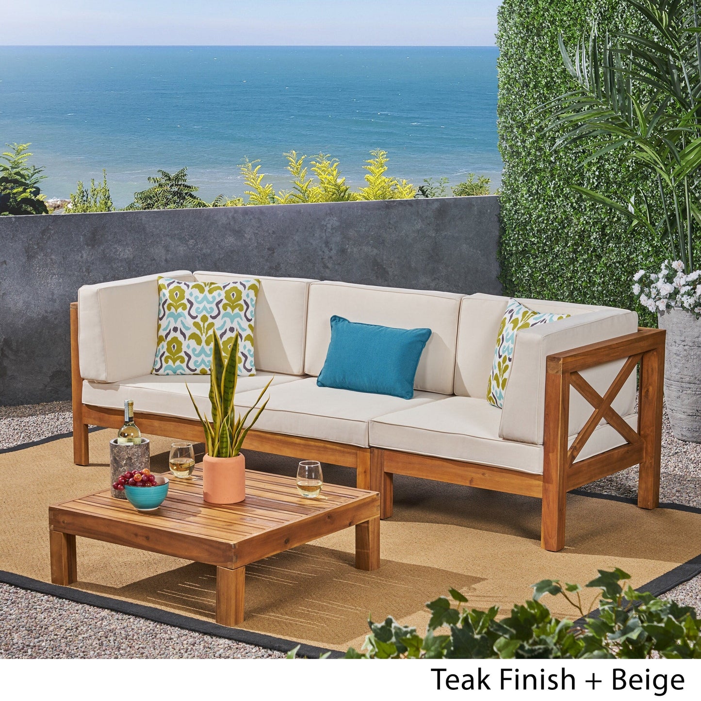 Set di divani componibili da esterno Brava a 3 posti in legno di acacia con tavolino e cuscini di Christopher Knight Home