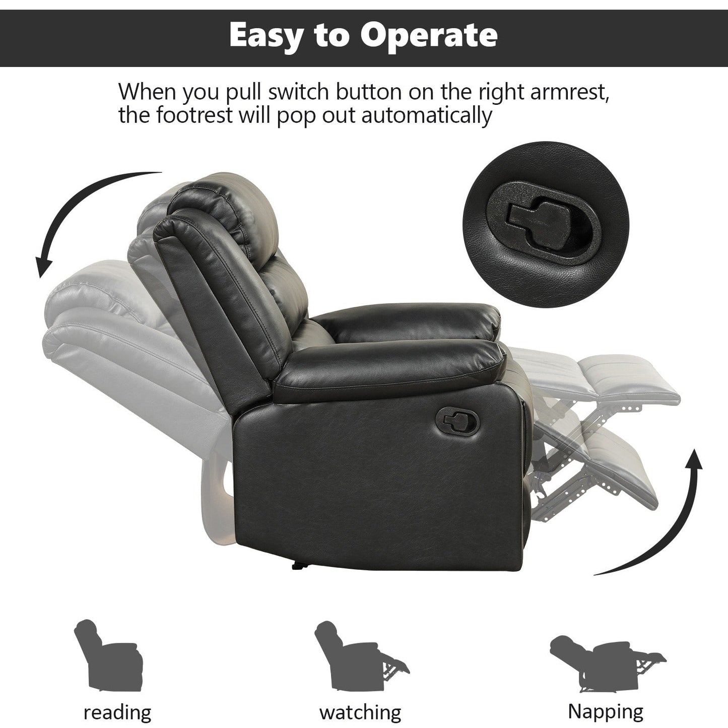 Poltrona reclinabile manuale in similpelle traspirante con braccioli e schienale imbottiti