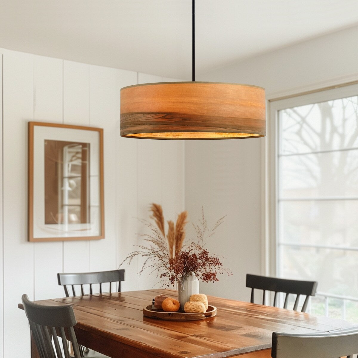 Lampadario a tamburo Breaux a 4 luci in legno impiallacciato con baldacchino nero - 22 pollici di larghezza