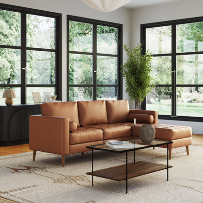 Divano Breeze Mid Century Modern, divano in pelle con cuscino trapuntato e struttura in legno massello