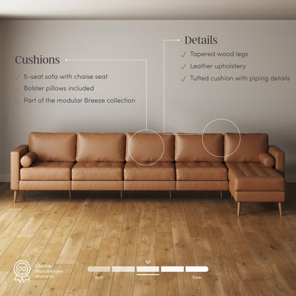 Divano Breeze Mid Century Modern, divano in pelle con cuscino trapuntato e struttura in legno massello