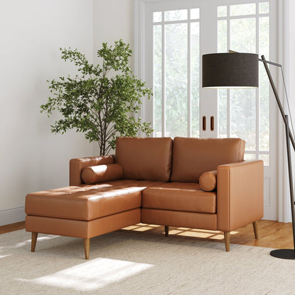 Divano Breeze Mid Century Modern, divano in pelle con cuscino trapuntato e struttura in legno massello