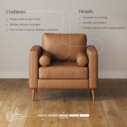 Divano Breeze Mid Century Modern, divano in pelle con cuscino trapuntato e struttura in legno massello