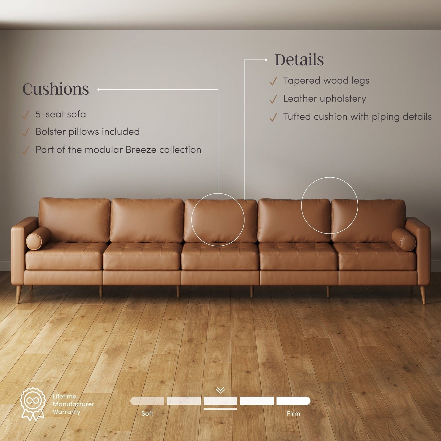 Divano Breeze Mid Century Modern, divano in pelle con cuscino trapuntato e struttura in legno massello