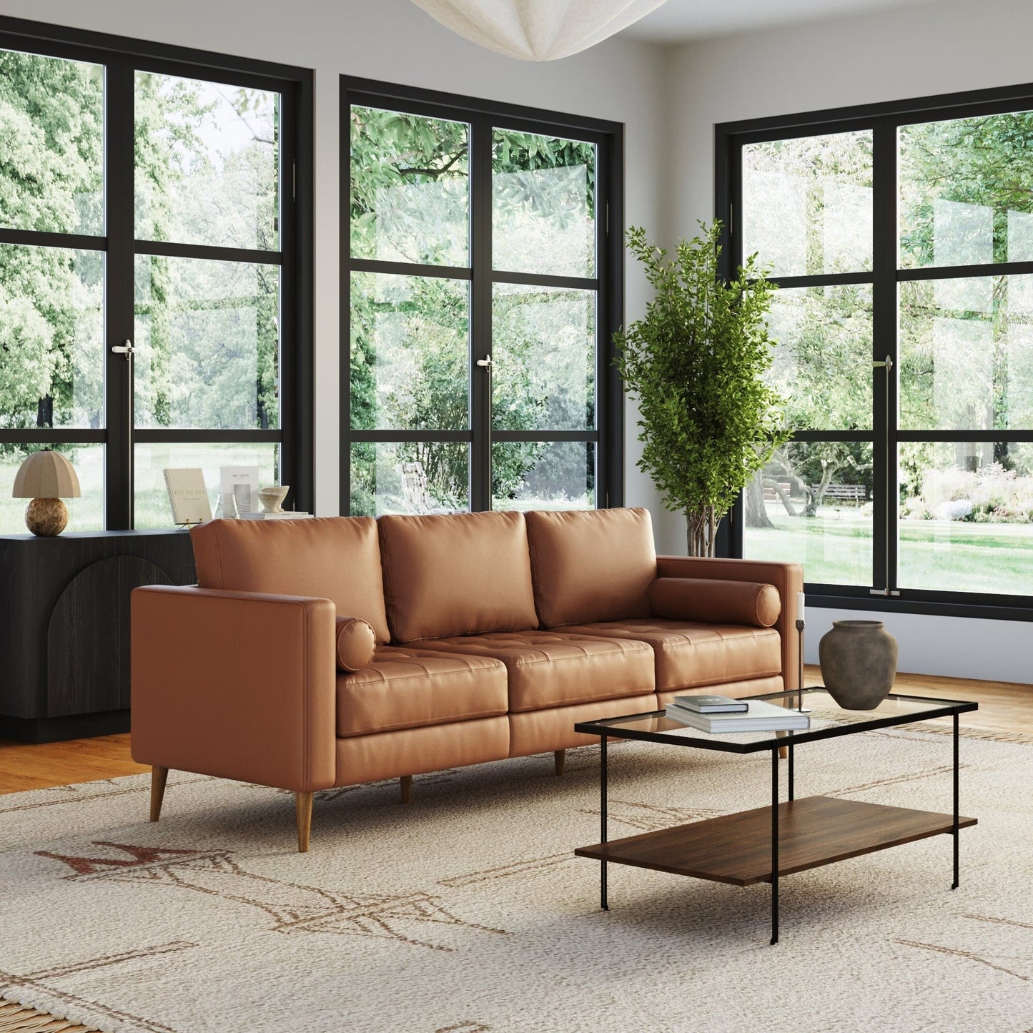 Divano Breeze Mid Century Modern, divano in pelle con cuscino trapuntato e struttura in legno massello