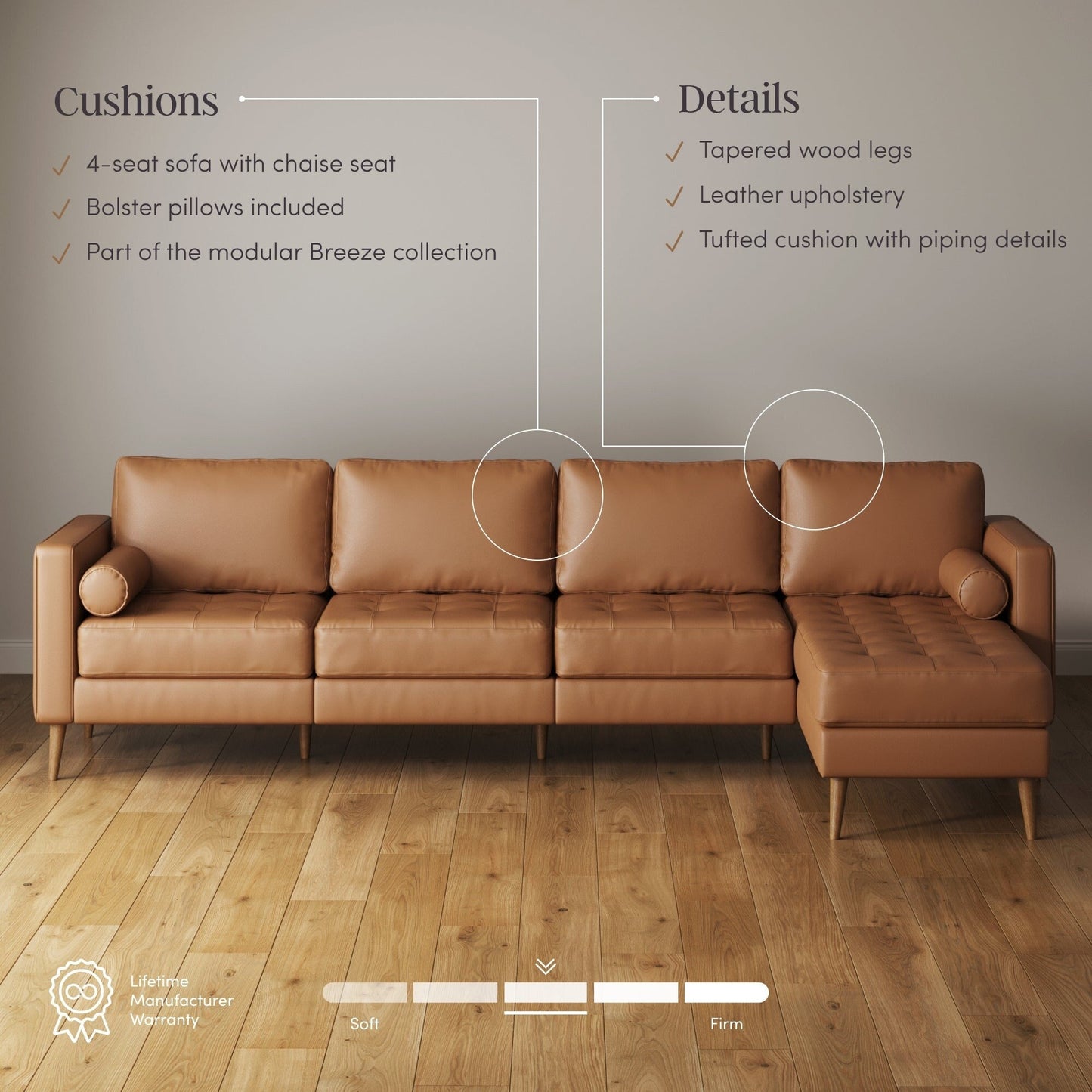 Divano Breeze Mid Century Modern, divano in pelle con cuscino trapuntato e struttura in legno massello