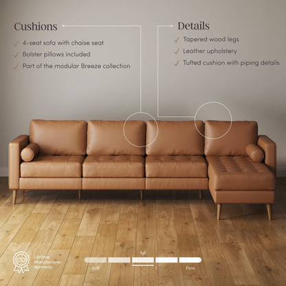 Divano Breeze Mid Century Modern, divano in pelle con cuscino trapuntato e struttura in legno massello