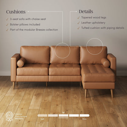 Divano Breeze Mid Century Modern, divano in pelle con cuscino trapuntato e struttura in legno massello