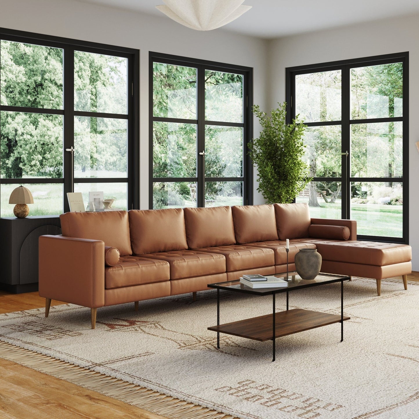 Divano Breeze Mid Century Modern, divano in pelle con cuscino trapuntato e struttura in legno massello