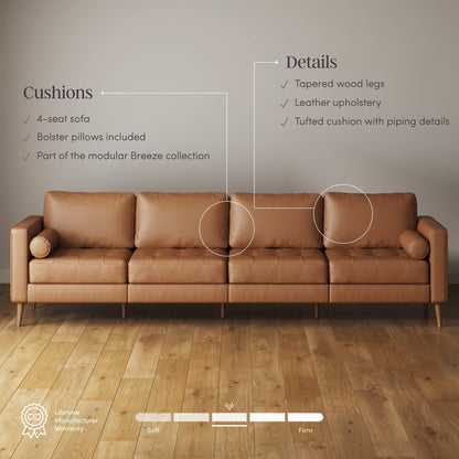 Divano Breeze Mid Century Modern, divano in pelle con cuscino trapuntato e struttura in legno massello