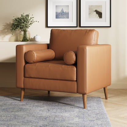 Divano Breeze Mid Century Modern, divano in pelle con cuscino trapuntato e struttura in legno massello