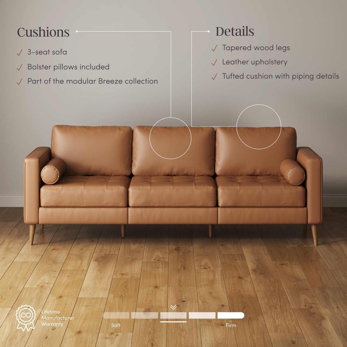 Divano Breeze Mid Century Modern, divano in pelle con cuscino trapuntato e struttura in legno massello