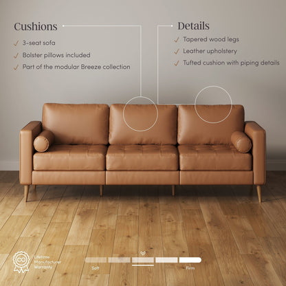 Divano Breeze Mid Century Modern, divano in pelle con cuscino trapuntato e struttura in legno massello