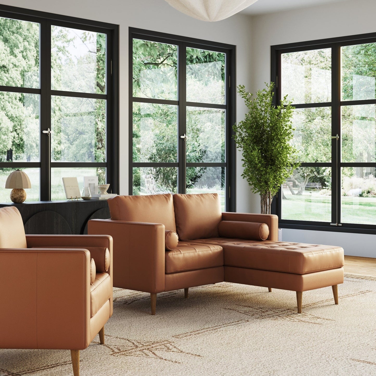 Divano Breeze Mid Century Modern, divano in pelle con cuscino trapuntato e struttura in legno massello