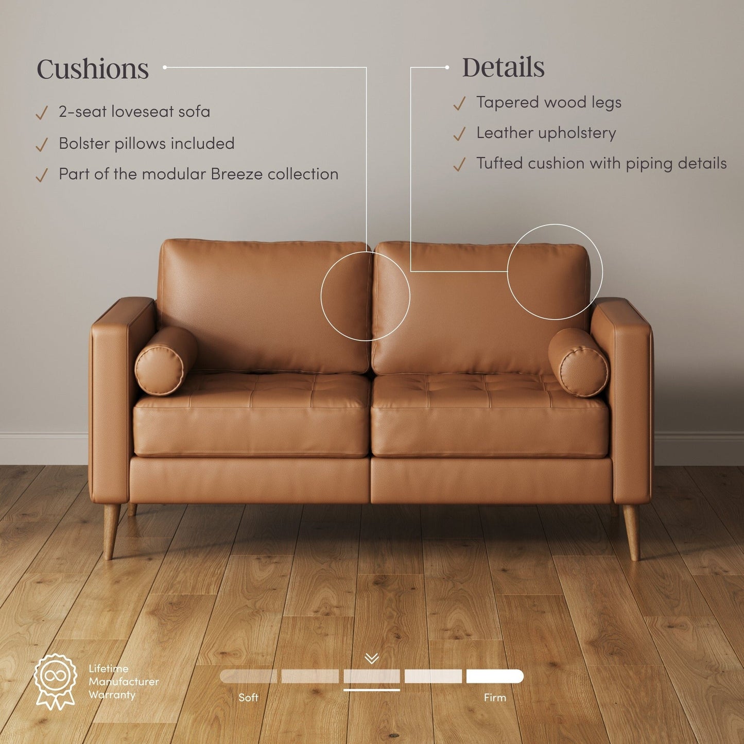 Divano Breeze Mid Century Modern, divano in pelle con cuscino trapuntato e struttura in legno massello